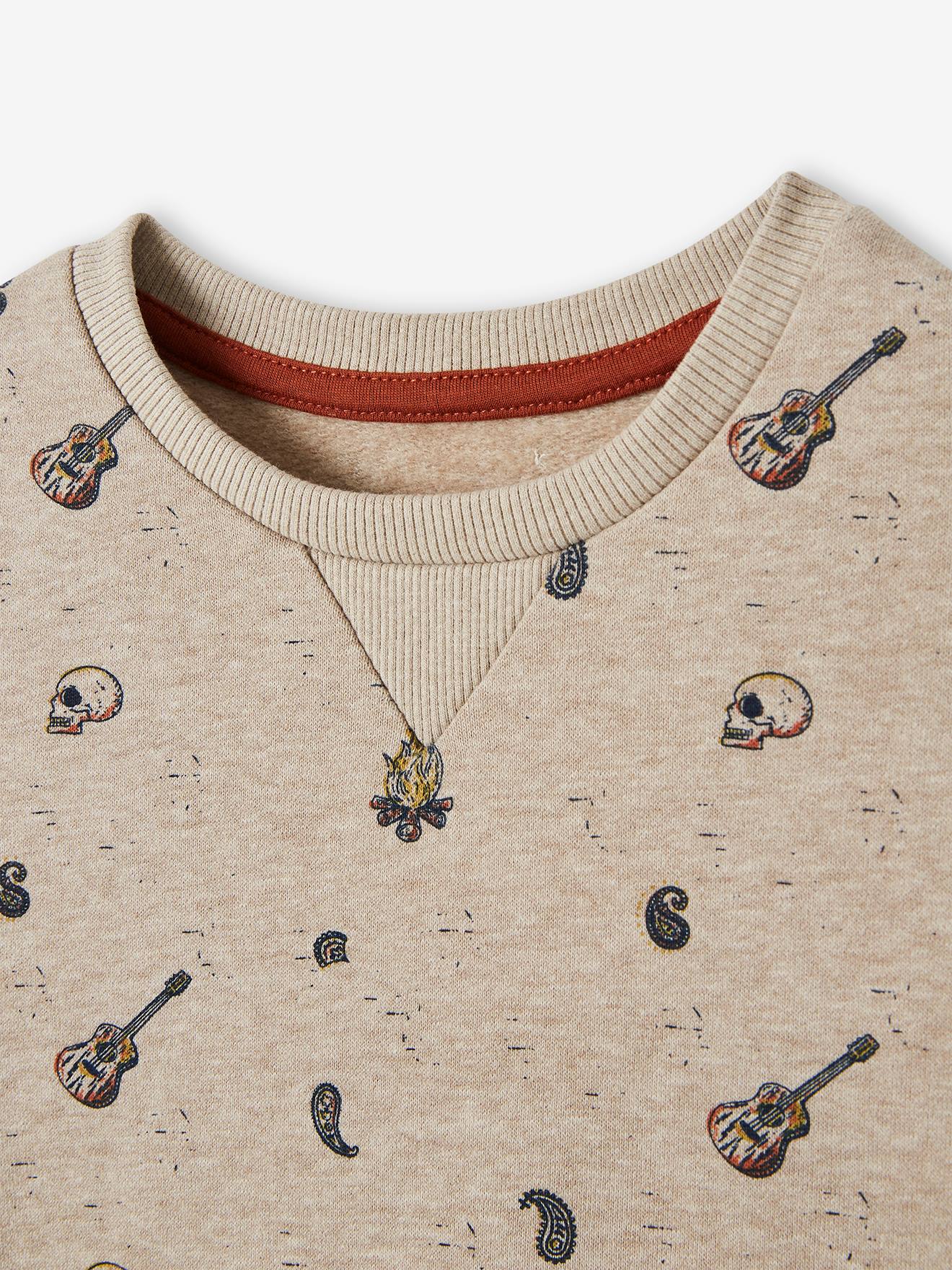 Moletom bege claro mesclado com gola redonda e estampas 