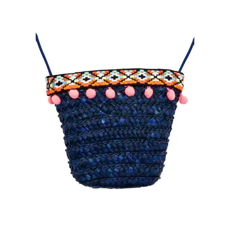bb Klostermann Basttasche mit rosa Bommeln blau