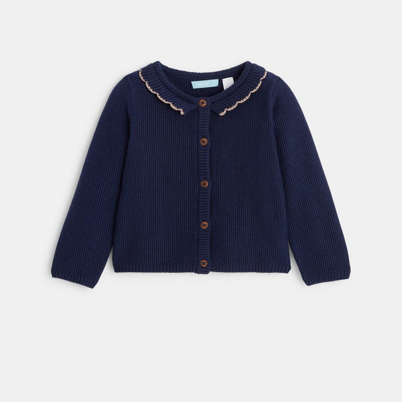 Gilet boutonné côtelé col volant bleu bébé fille Bleu