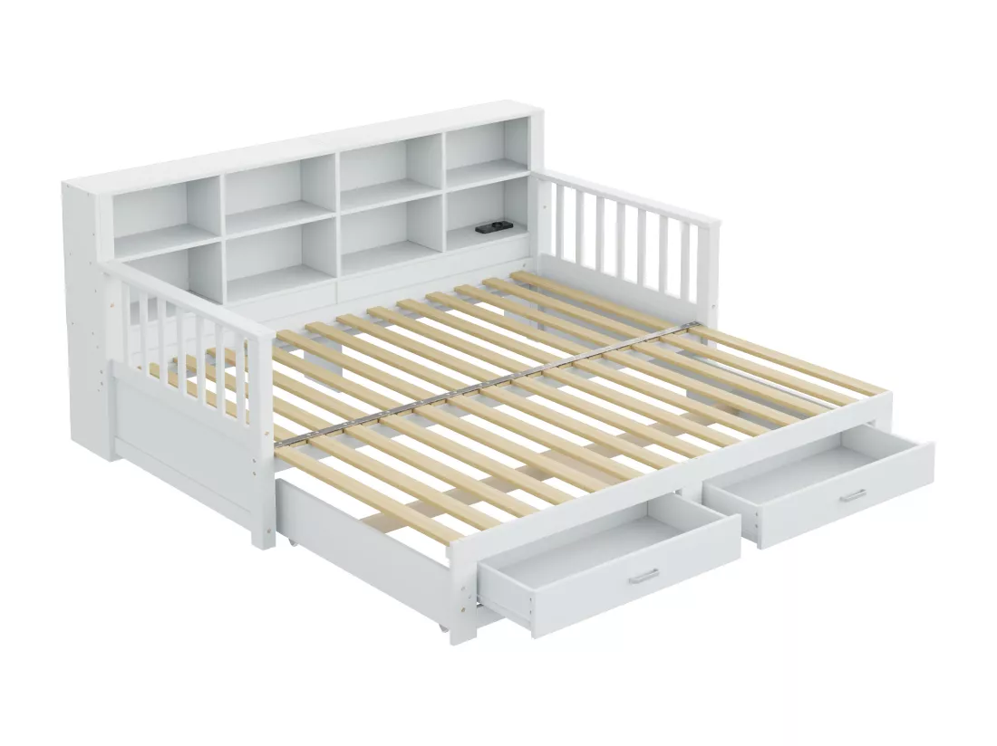 Canapé-lit gigogne en bois massif 90/180x190 cm - avec prise de charge - avec rangement - avec 2 tiroirs - sommier à lattes - blanc (matelas non inclus)