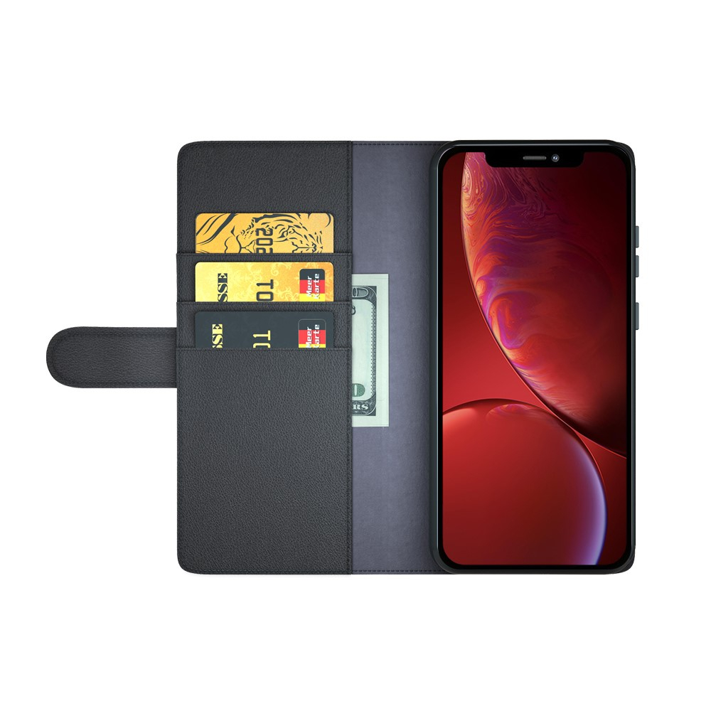 iPhone 13 Echtleder Tasche Flip Cover mit Kartenfächer - Schwarz