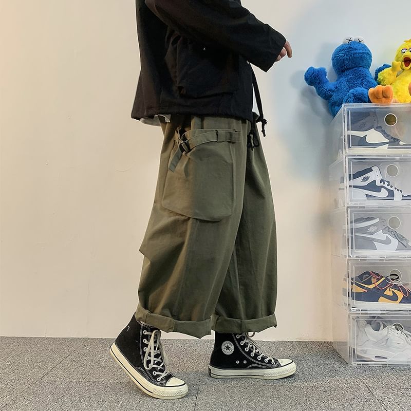 emeisa - Mid Rise Plain Cropped Wide Leg Cargo Pants