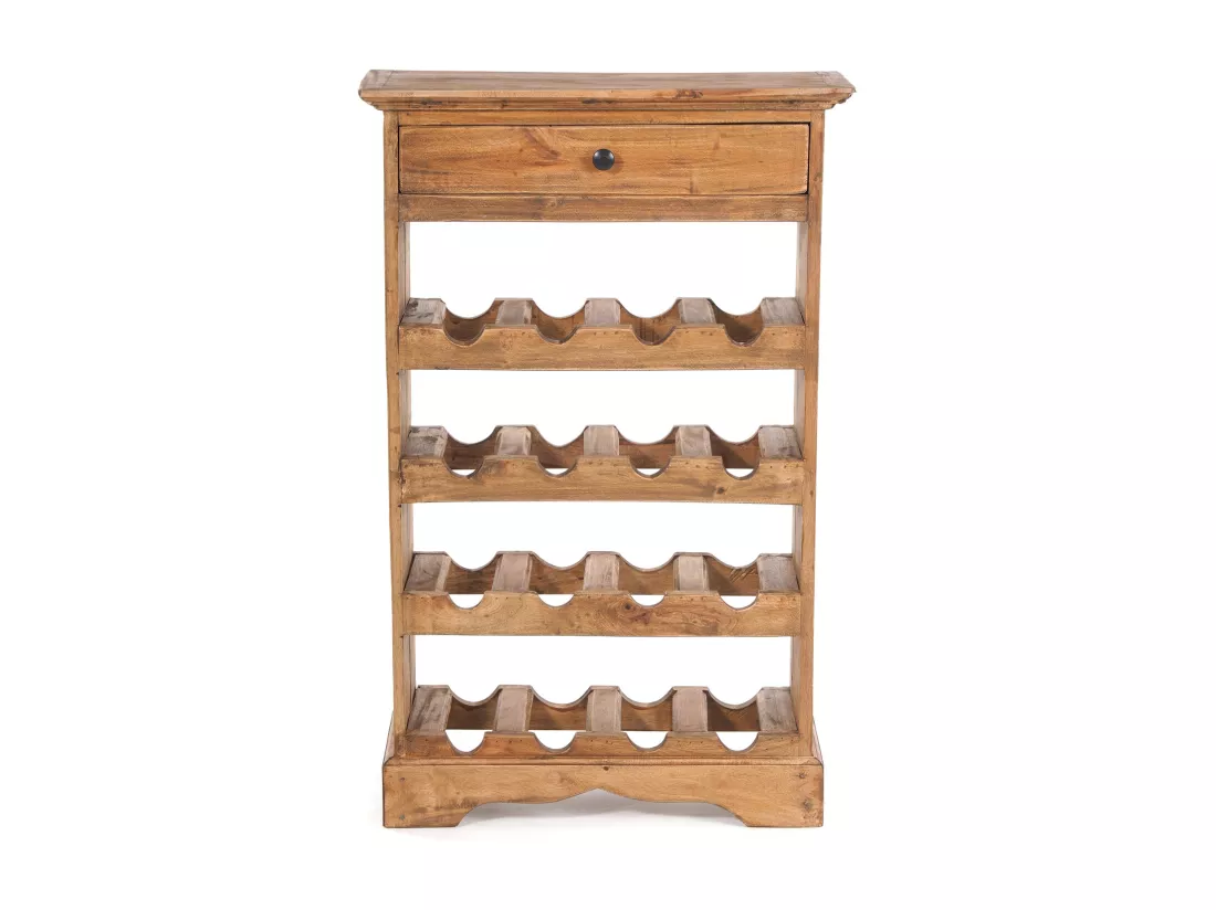 ÉTAGÈRE À BOUTEILLES CORTEZ 85 Bois de recyclage massif, pour 16 bouteilles, avec tiroir 01 natur-vintage