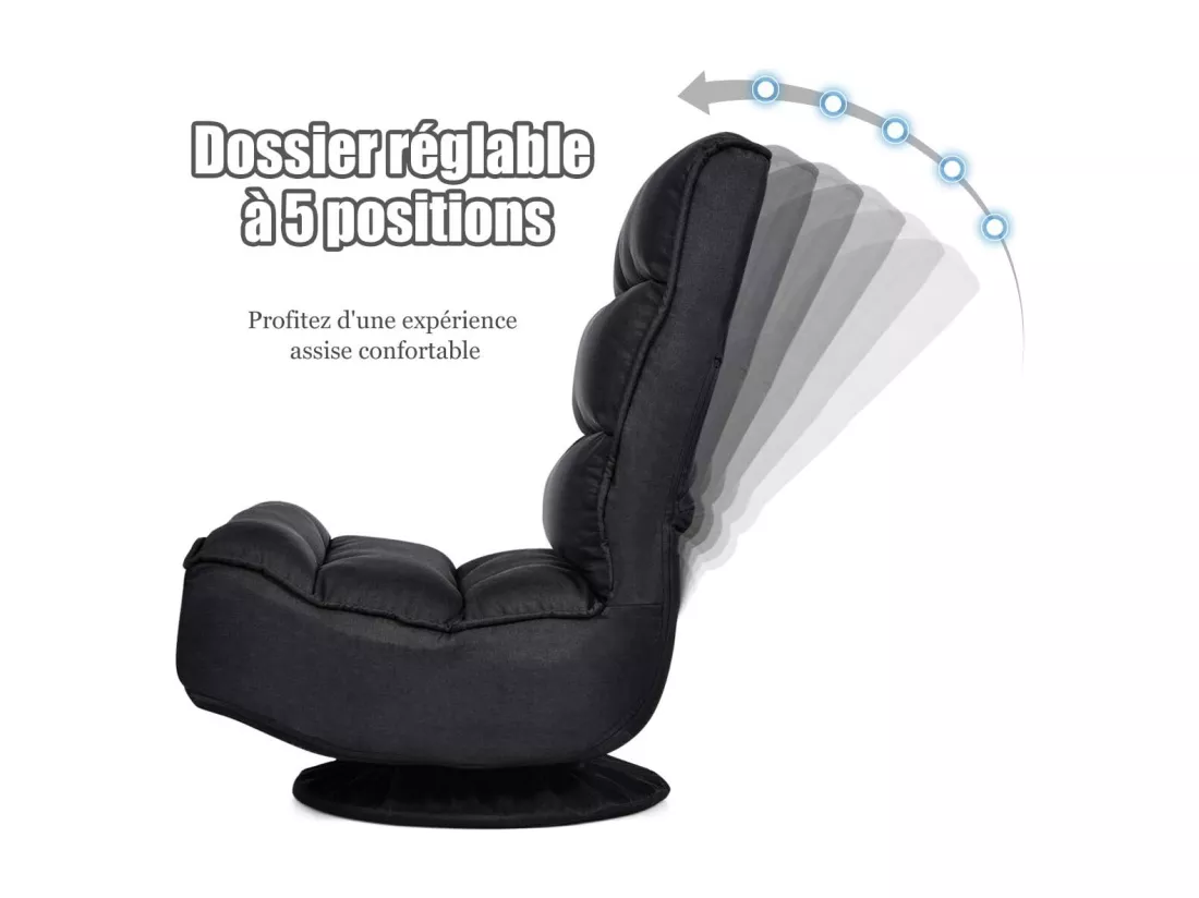 Chaise de Sol Pliable et Réglable en 5 Positions, Chaise Pivotante et Convertible Rembourrée Confortable, Fauteuil Salon Relax Sol Idéale pour Lire, Regarder la Télévision ou Jouer (Noir)