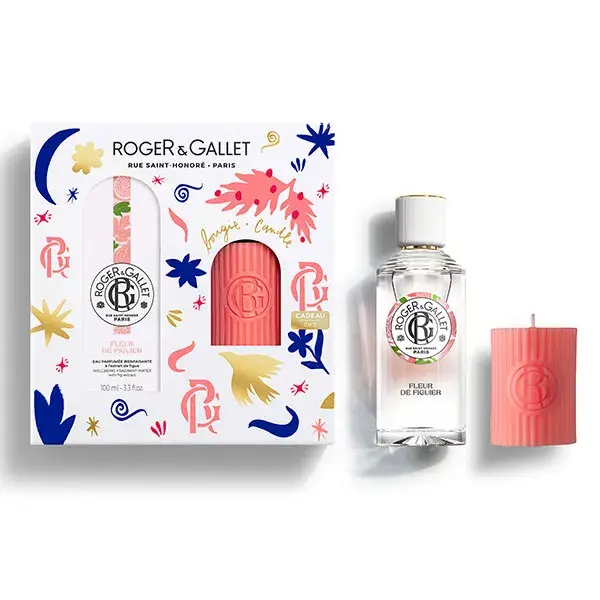 Conjunto de presente Roger & Gallet: Óleo essencial de flor de figo aquático com aroma benéfico (100ml) e vela perfumada.