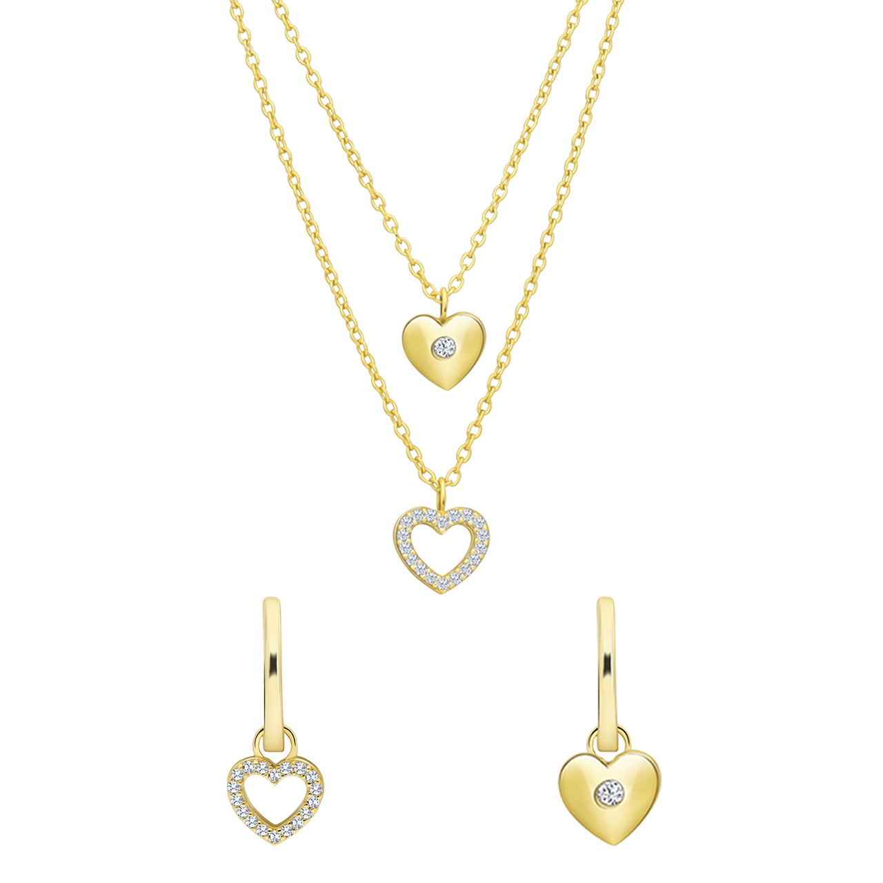 Zilveren goldplated set ketting en oorbellen hart