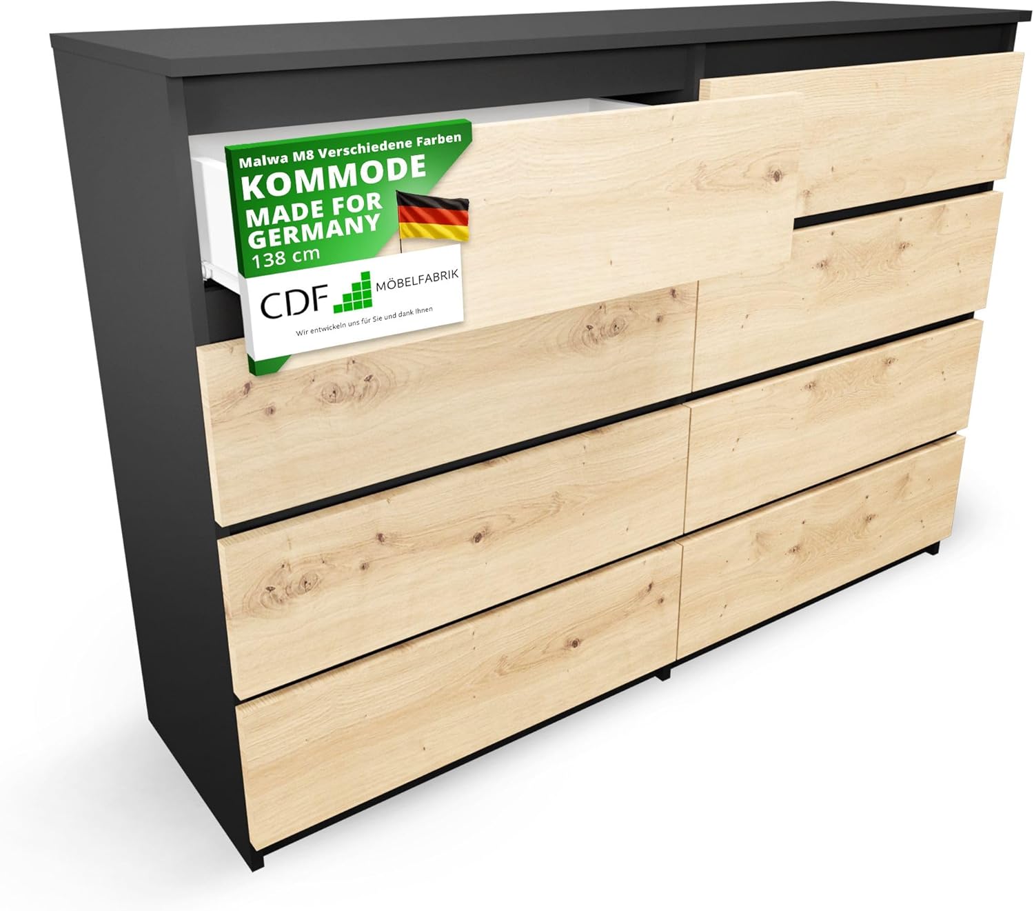 CDF Kommode Anthrazit Artisan mit 8 Schubladen 40 cm Tief Komodenschrank Komode für Wohnzimmer Schlafzimmer Schubladenschrank Malm Kommode viel Stauraum Geeignet Organizer Kleidung 138cm Breite Modern