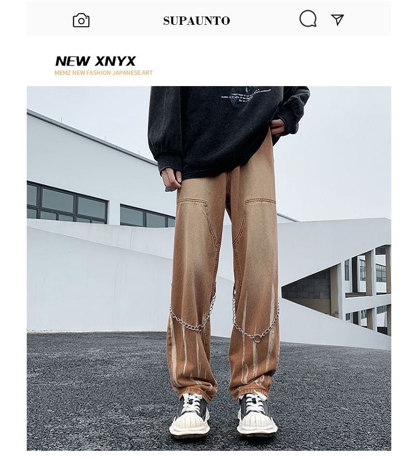 Hushgrain - Mid Rise Washed Chain Straight Leg Jeans