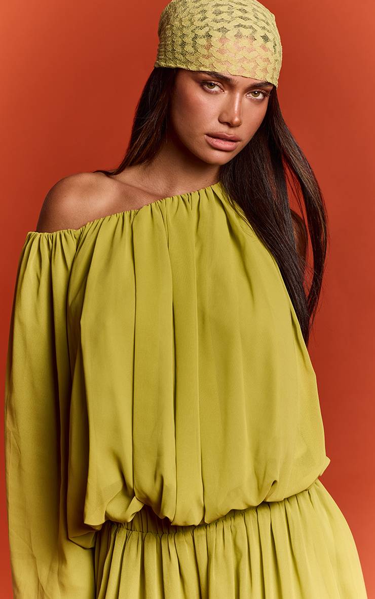 Vert Ensemble Coordonné Blouse En Mousseline À Manche Unique Froncée