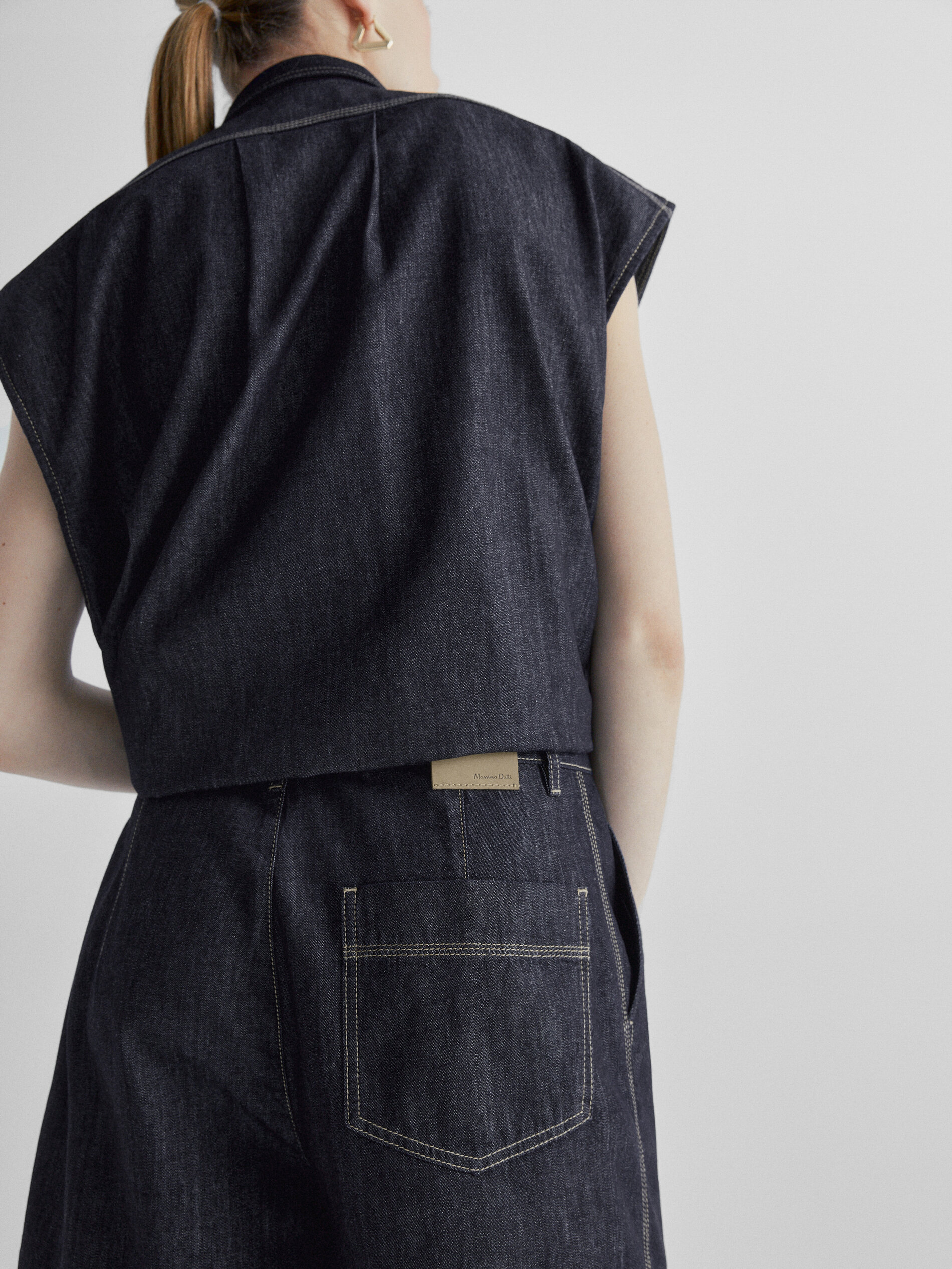 Shorts jeans plissados de cintura alta - AZUL ESCURO