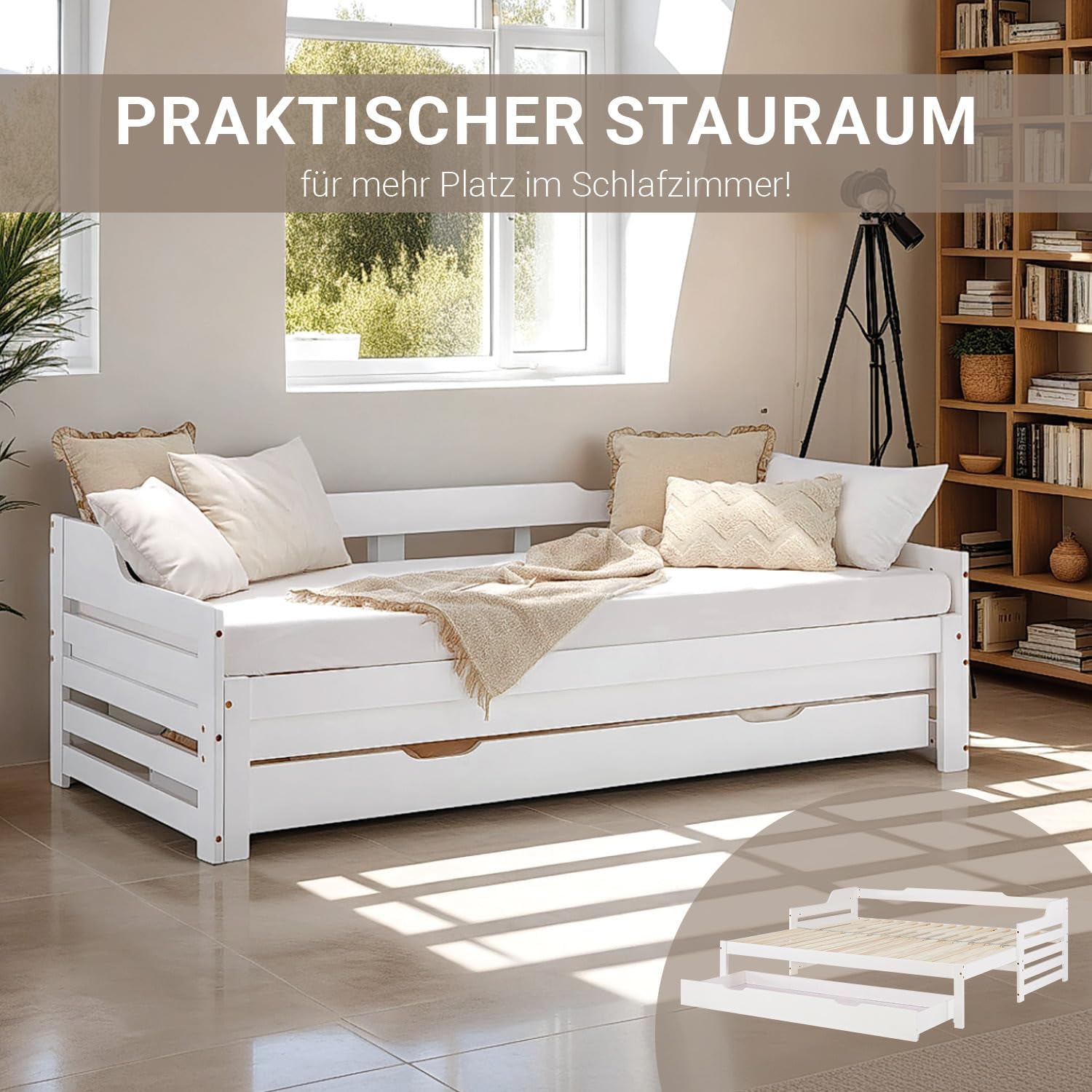Homestyle4u Kinderbett Einzelbett Holzbett Tagesbett 90x200 ausziehbar Weiß mit Schublade Lattenrost Ausziehbett Kiefer massiv Holz