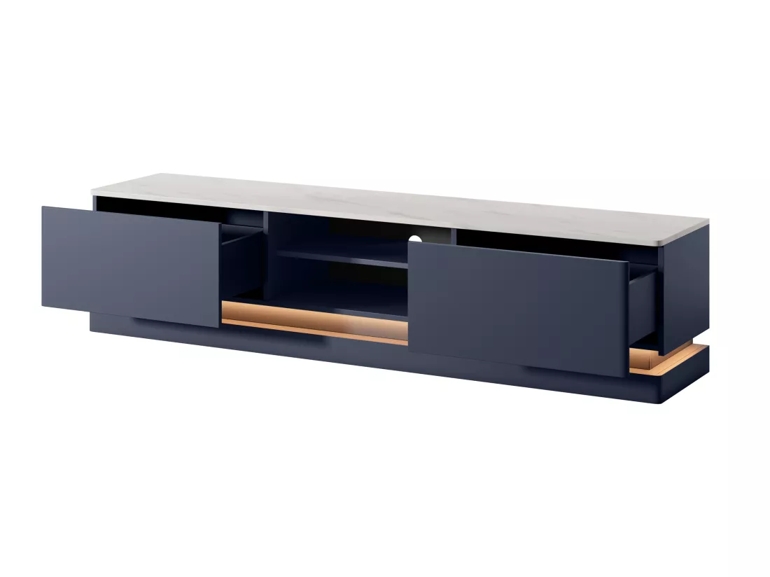 Meuble TV 2 tiroirs et 2 niches avec LEDs en MDF - Bleu et effet marbre blanc - DEVIKA de Pascal MORABITO