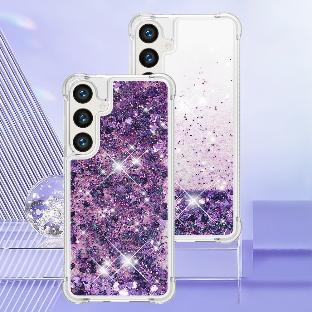 Samsung Galaxy S24 Hardcase Hülle mit Air Cushion Fallschutz Liquid Case Glitzer Herzen - Lila / Transparent