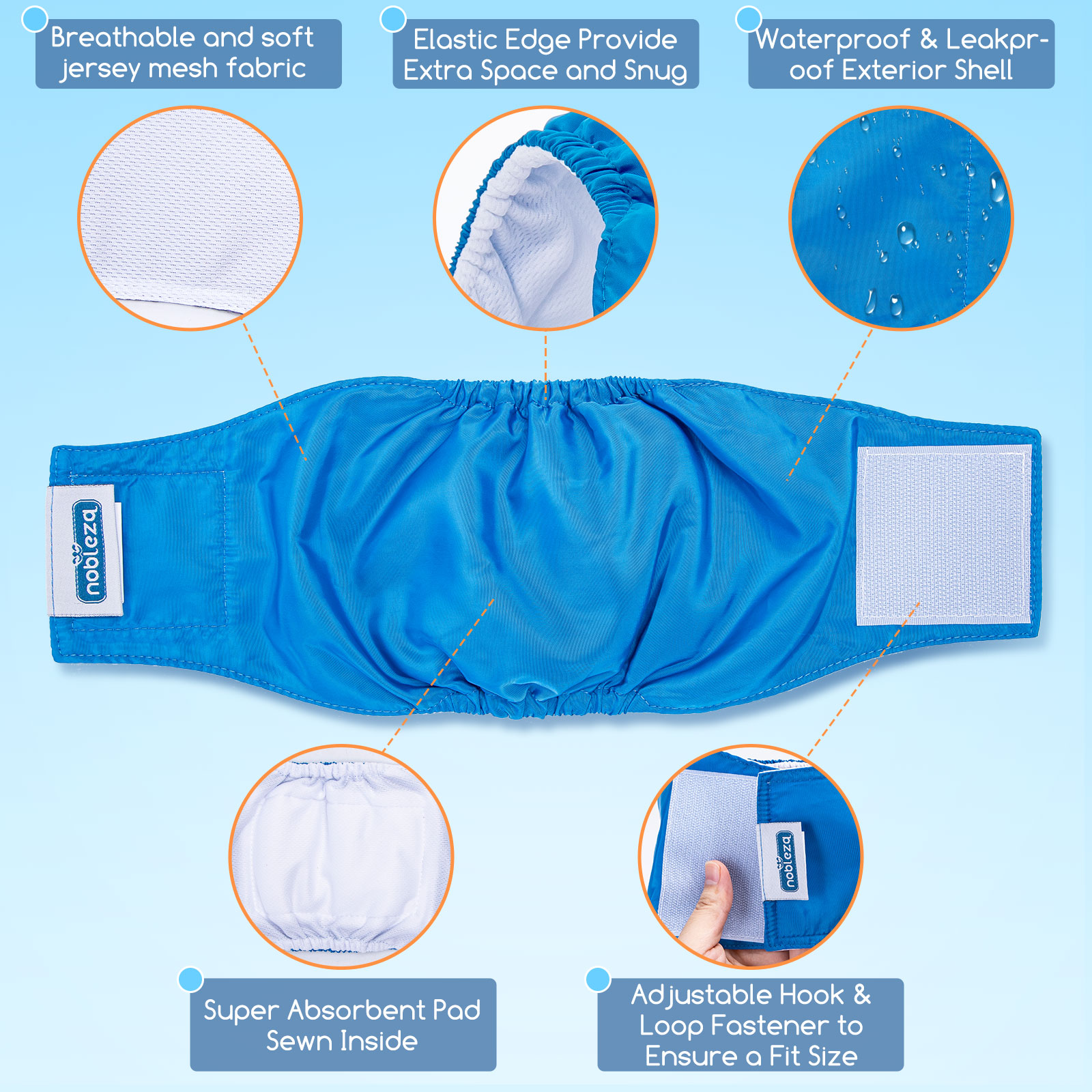 Nobleza 3x Fraldas Laváveis para Cães Machos, Calcinhas Higiênicas Reutilizáveis para Incontinência, Fraldas Absorventes para Cães (Cintura G 36-48cm, Pacote com 3, Cinza, Preto e Azul)