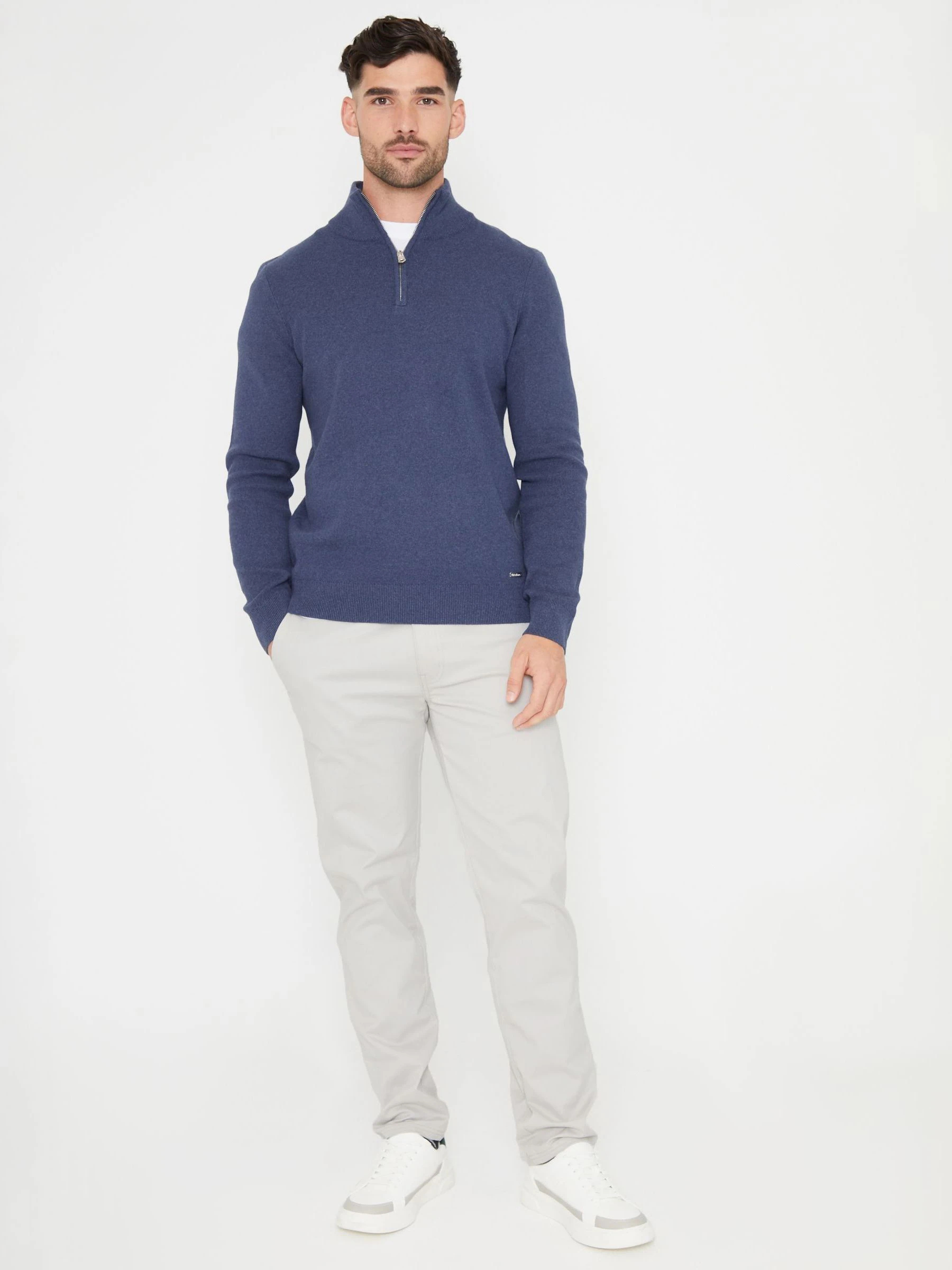 Denimblauw - Threadbare gebreide trui van katoenmix met korte rits