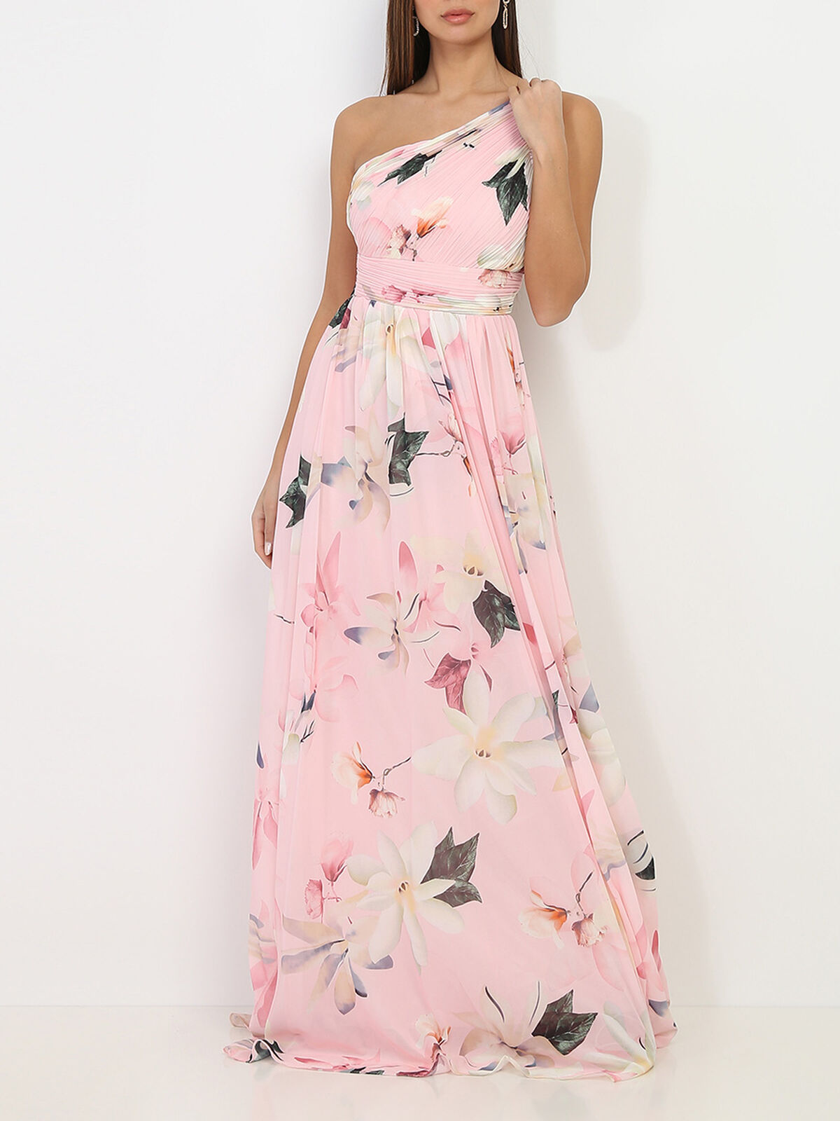Robe longue asymétrique à fleurs de lys- Rose