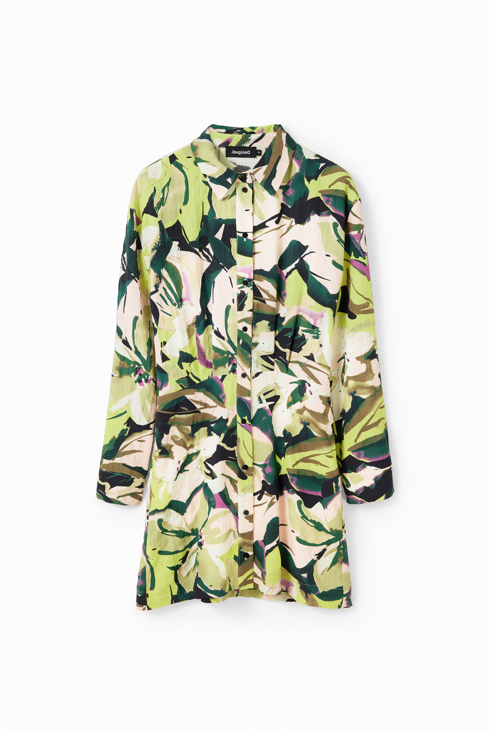 Vestido curto floral tipo camisa