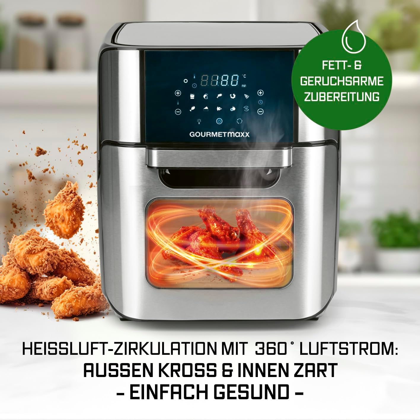 GOURMETmaxx Digitale Heißluftfritteuse 12 L, XXL-Edelstahl-Ofen | Airfryer + Timer, Touchdisplay, Drehspieß | fettarm, energiesparend frittieren | 10 Programme inkl. Pizza | 1800 W