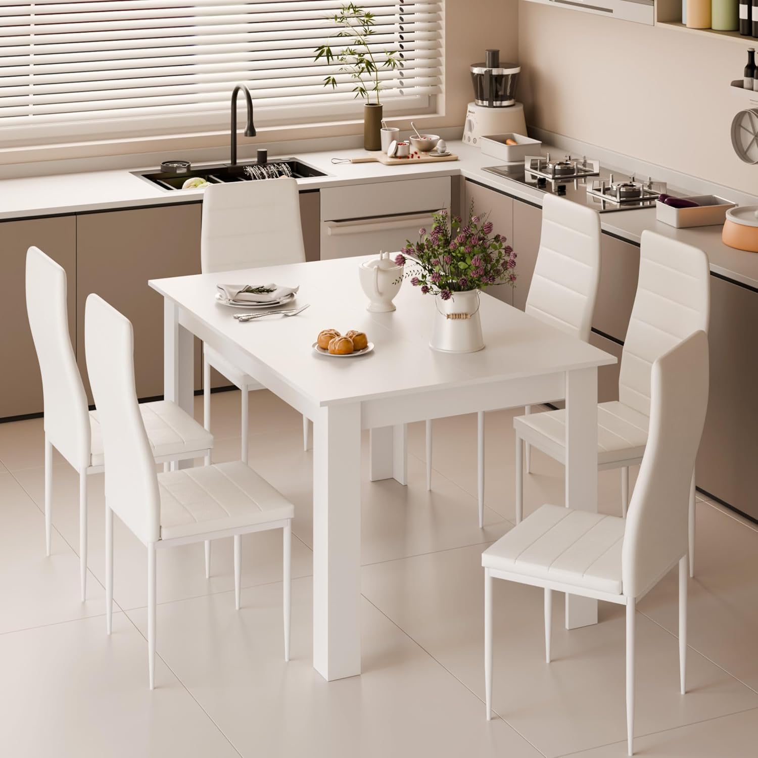 Mondeer Esstisch mit 6 Stühlen Set, Essgruppe mit Hochlehner Kunstleder Stuhl für Küche Esszimmer Wohnzimmer, W138 x D90 x H75 cm, Weiß