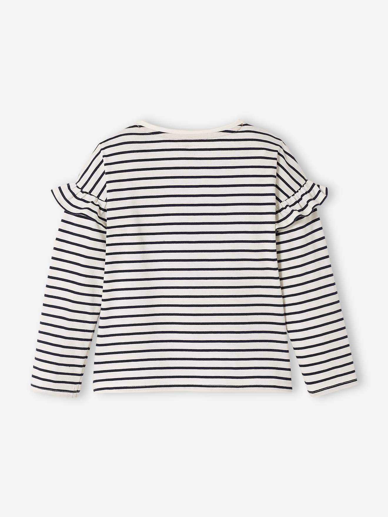 Camiseta infantil listrada branca clara com mensagem e mangas com babados.