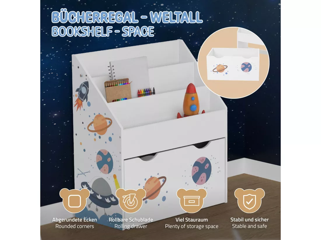 Joyz Banc de livres 3 compartiments sur roulettes étagère jouets chambre enfant