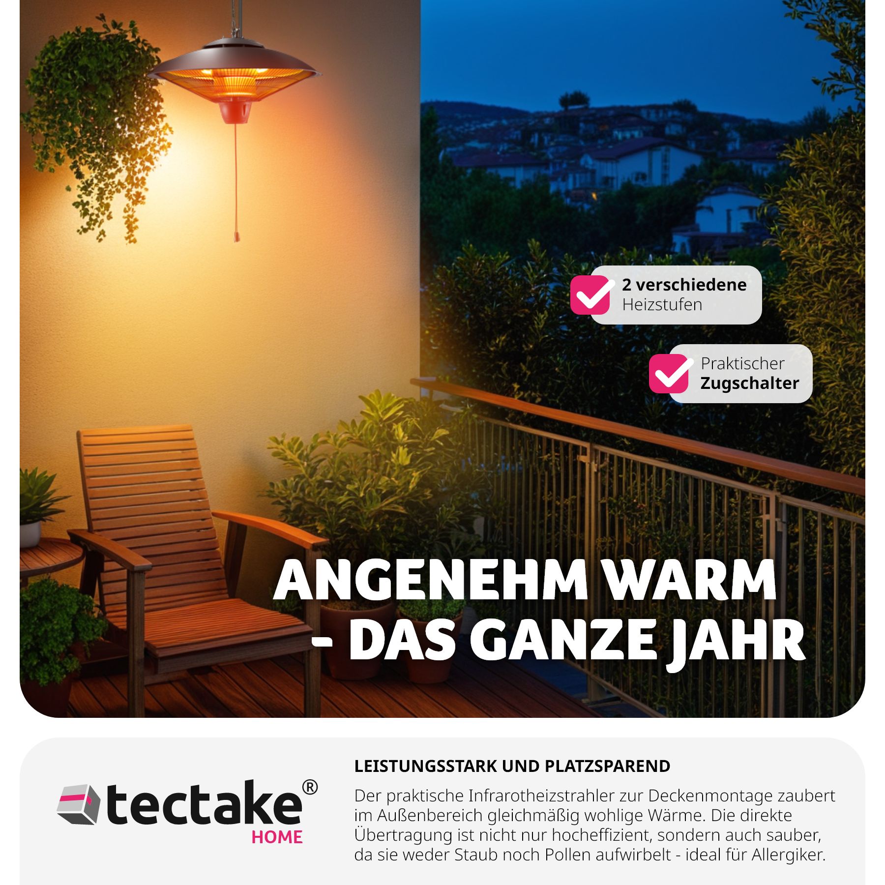 tectake® Infrarotheizstrahler, 2 Leistungsstufen, 1250 und 2500 W, Aluminiumgehäuse, einfache Montage, 58 x 58 x 32 cm