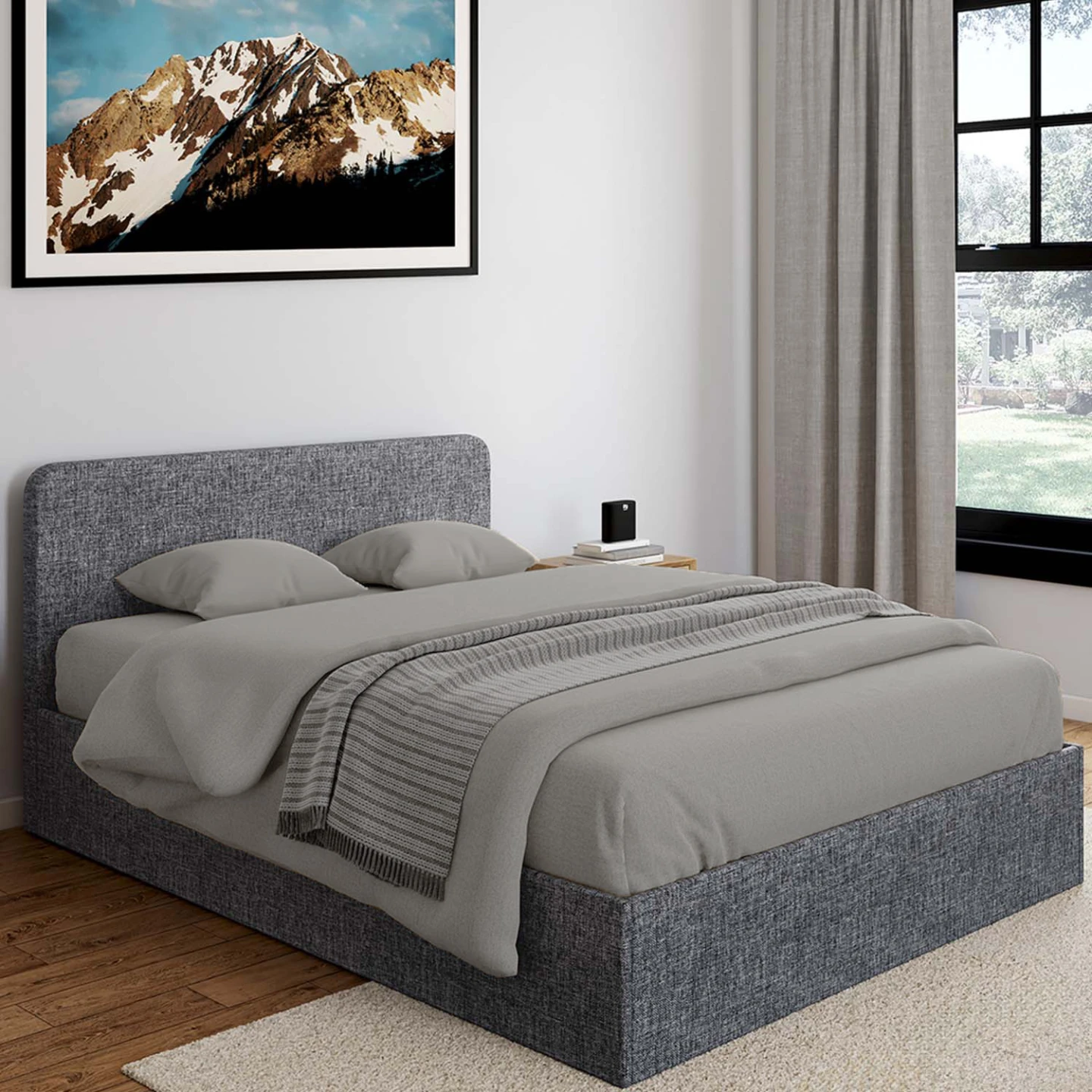 Lit coffre double NORFOLK avec tête de lit et sommier 140 x 190 cm tissu gris anthracite