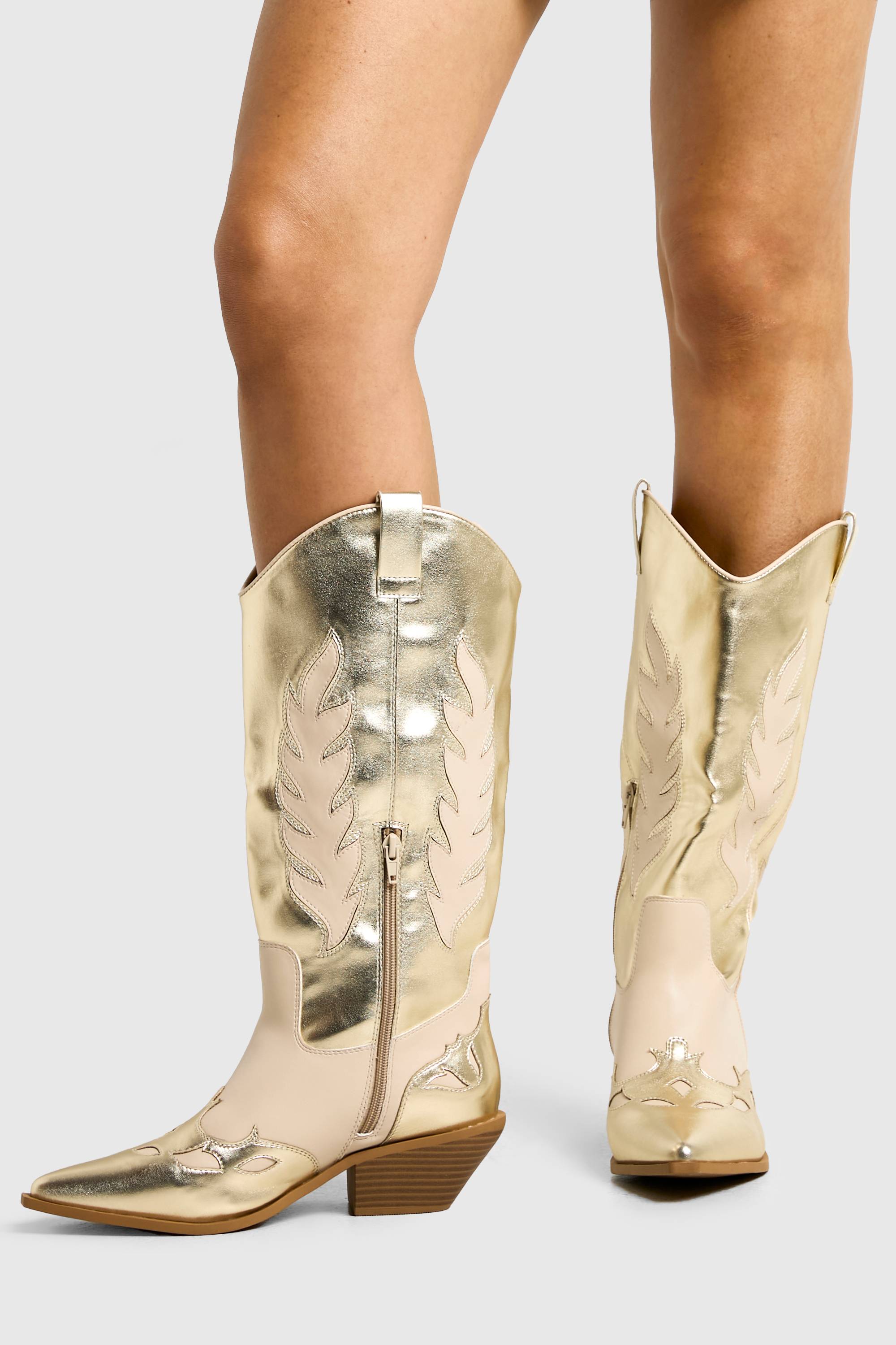 boohoo Bottes western montantes dorées à coupe large