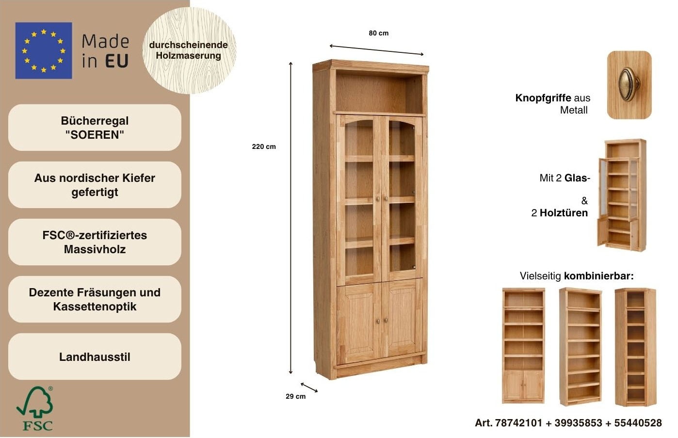 Home affaire Bücherregal »Soeren Vitrine mit 2 Glastüren, Breite/Tiefe: 80/220 cm« Kiefer massiv, Tiefe 29 cm, 2 Holz- und 2 Türen mit Klarglas- Einsatz