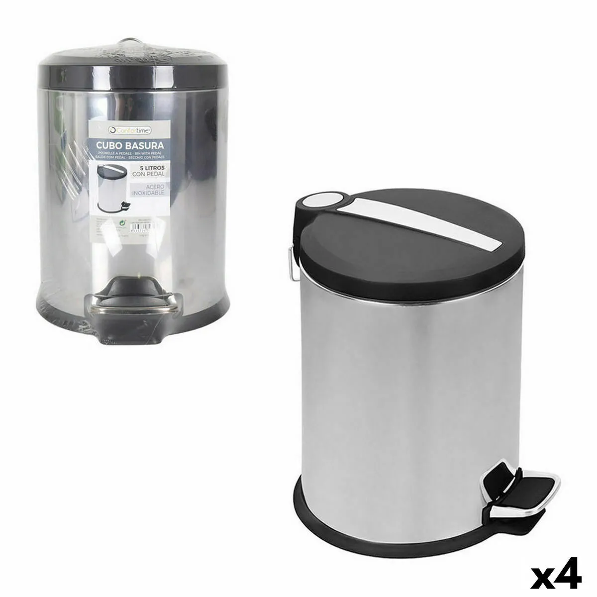 Confortime Poubelle Argenté 5L - 4 Unités