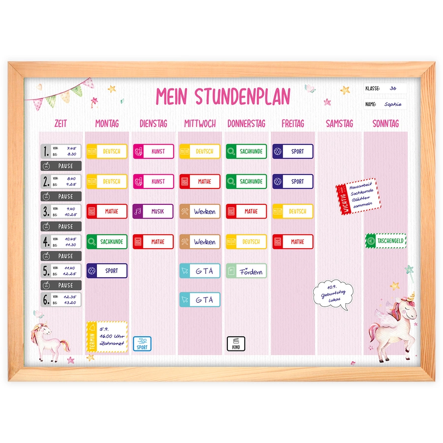 Nikima Stundenpläne magnetischer Stundenplan Einhorn rosa mit 90 Magneten rosa
