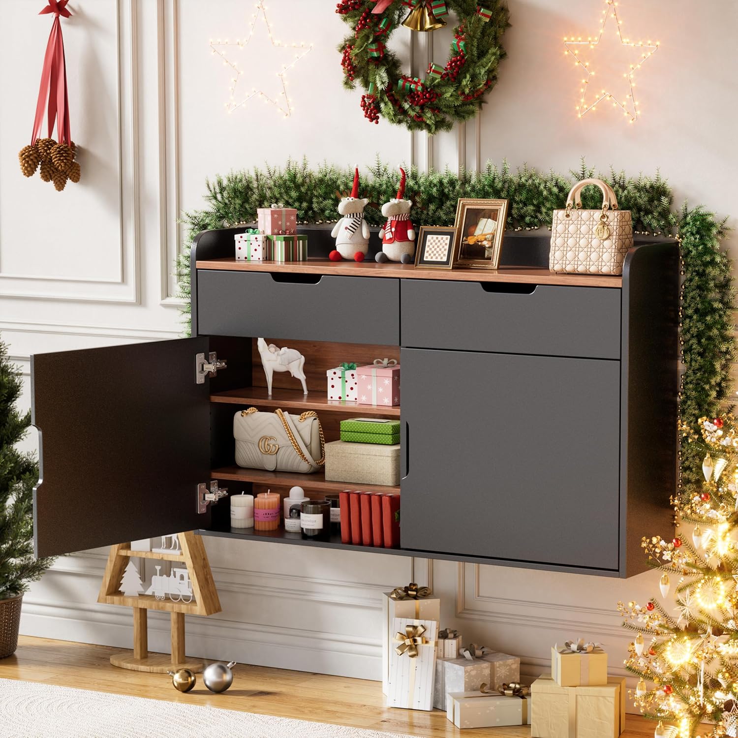 MSFE Hängender Schuhschrank Schmal Flurschrank, Schuhaufbewahrung Holz Platzsparender, Schuhschrank Schwarz mit Schublade, für Eingang, Wohnzimmer, Flur,100 x 63 x 22 cm (BxHxT)