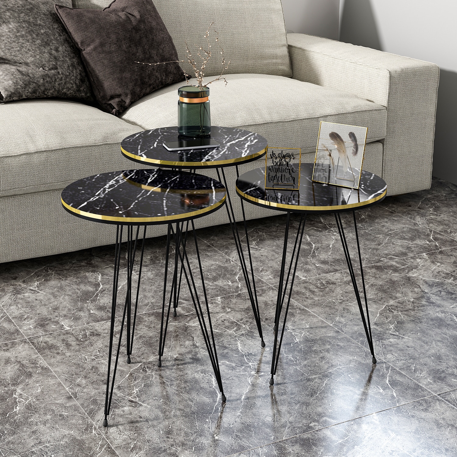 Beistelltisch 3er Set Marmoroptik Schwarz 21246122
