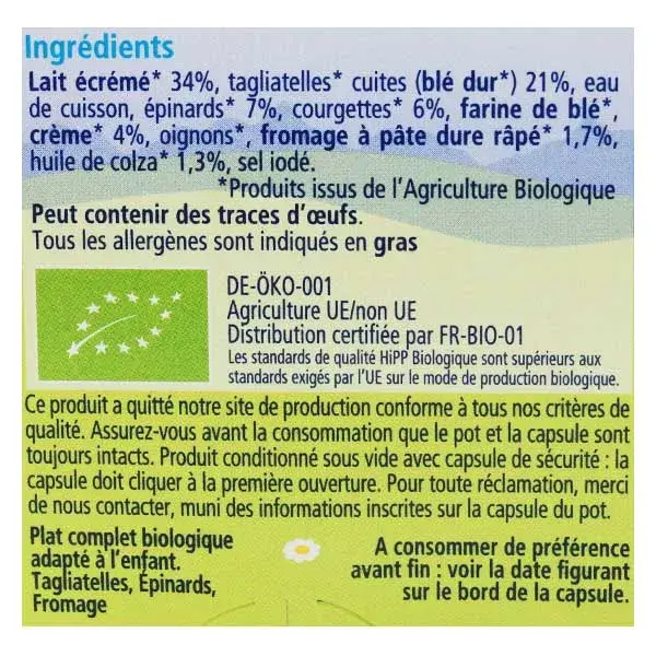 Hipp Organic My Goodnight Dinner Bowl com Tagliatelle, Espinafre e Queijo +12m Pacote com 2 x 250g