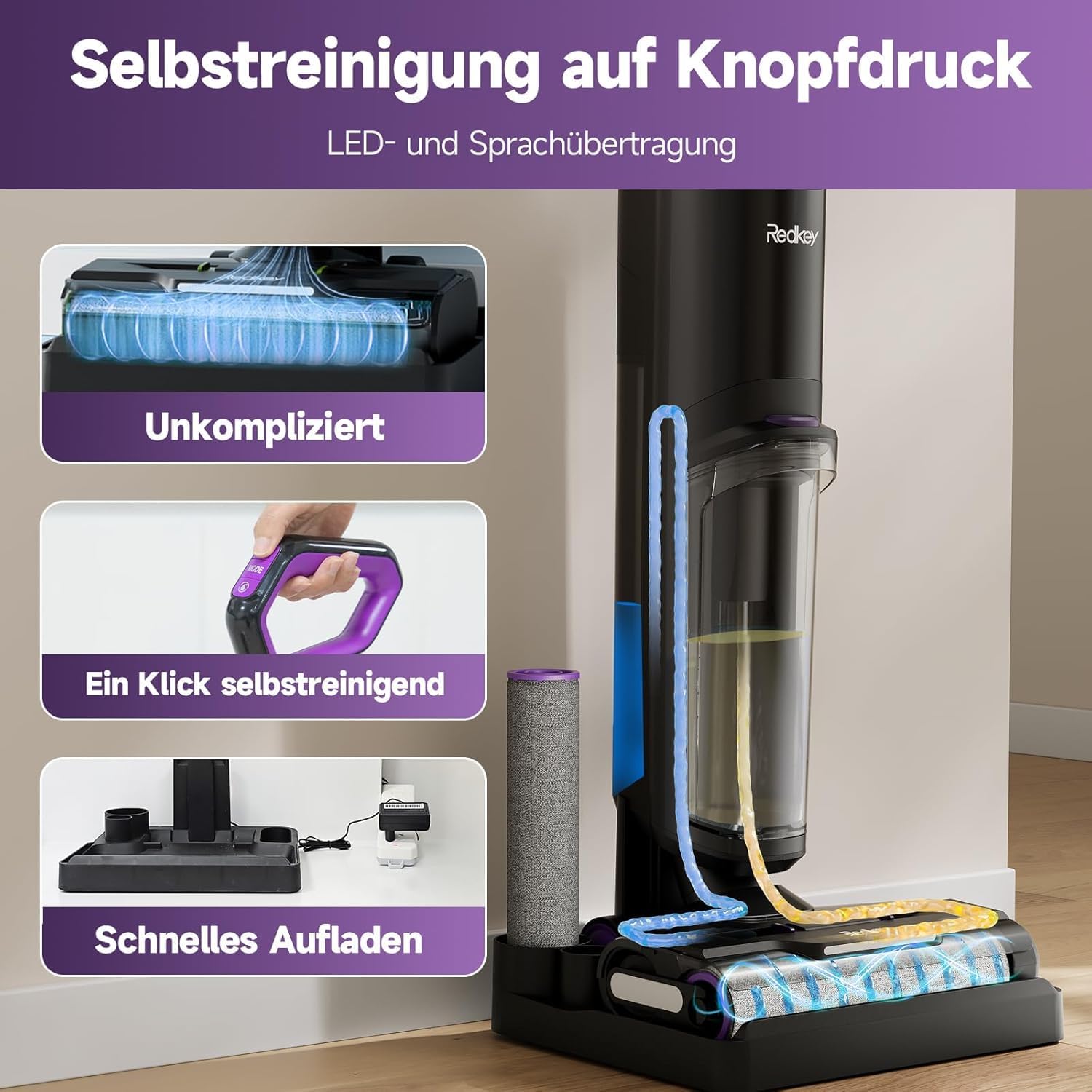 Redkey W15 Nass Trockensauger Akku, 20.000 Pa Selbstreinigung & Wischfunktion, 910ml Dual Wassertank, 3 Reinigungsmodi, Kantenreinigung 6 mm, LED Spracherinnerung, Staubsauger für Hartböden,Tierhaare