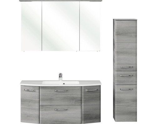 Pelipal Quickset 328 badkamermeubelset, BxHxD 145 x 200 x 39 cm, grafiet getextureerde fronten (horizontaal patroon), met mineraal gegoten wastafel en hoge kast 328.120003