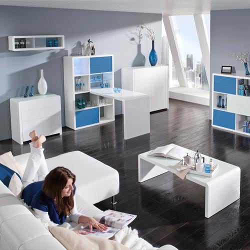Atlanta - Kommode, Stauraummöbel, Sideboard mit 4 Schubladen, Glaskomponenten, weiss hochglanz