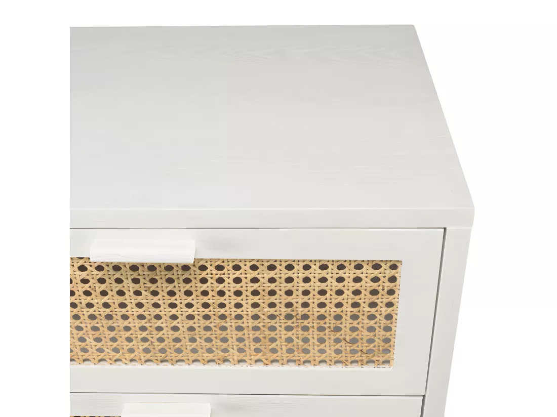 SANDRO - Commode blanche 3 tiroirs cannage naturel