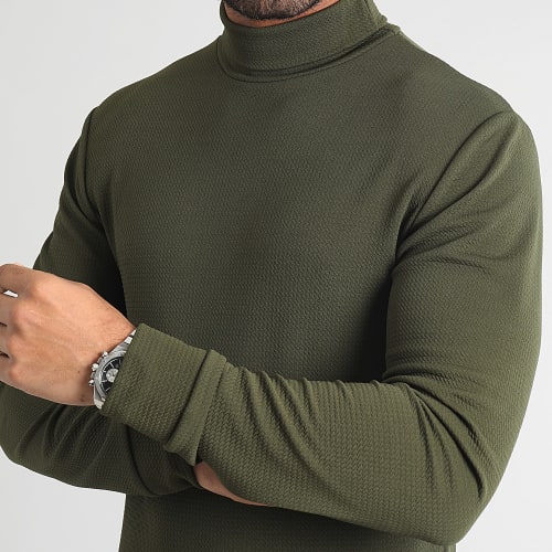 Pull Col Roulé Texturé Waffle 0538 Vert Kaki