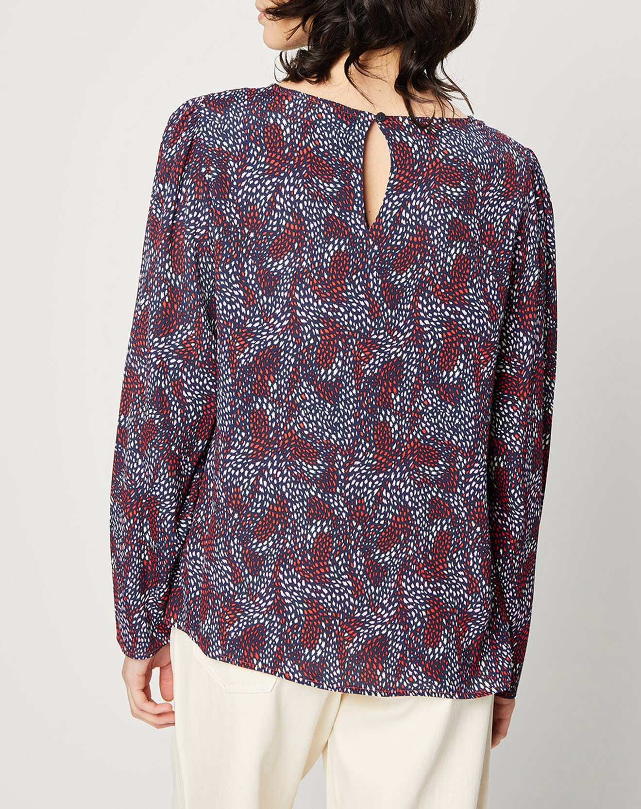 Esprit Blouse fluide à manches bouffantes motifs prune/bleu