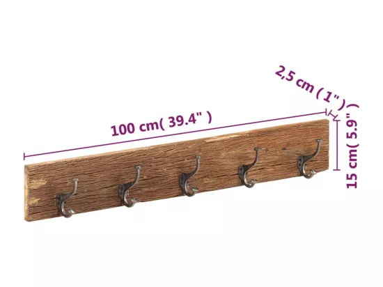 Cintre de couloir et 5 crochets 100x2,5x15 cm Bois récupération