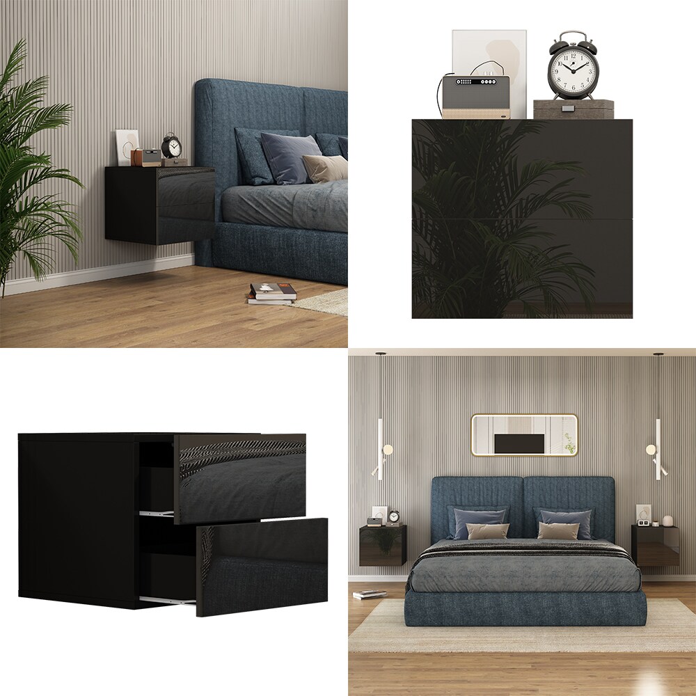 Vicco Nachtschrank Sofie 49,6 x 45 cm, Schwarz Hochglanz, 2 Schubladen