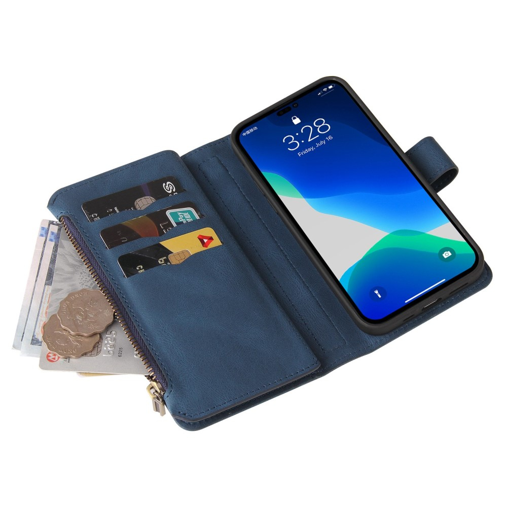 iPhone 14 Pro Leder Wallet Etui Tasche mit 13 Kartenfächern   Münzfach - Blau