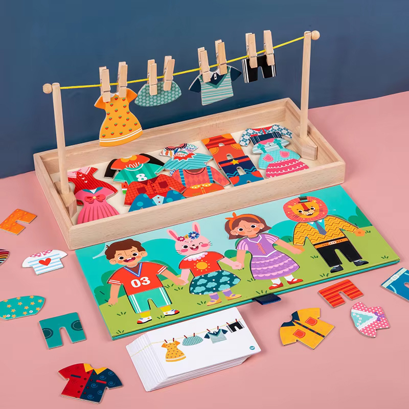 (73-tlg. Set) Holz Kinder Puzzle Kleidungs Sortier Spielzeug Outfit Puzzlespiel Kleider Wechsel Spiel - Bunt