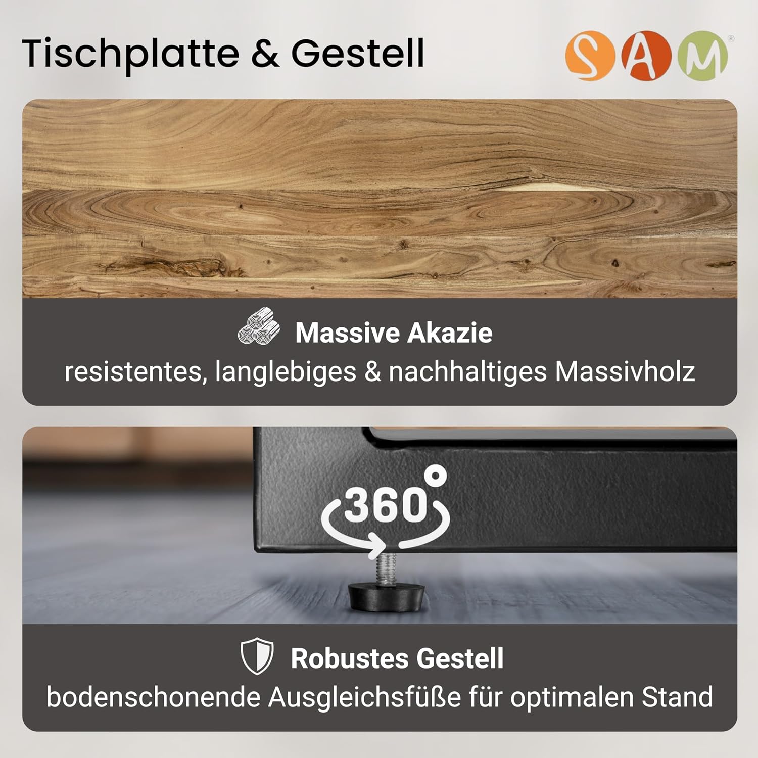 SAM Esstisch 120 x 80 cm Rio, Esszimmertisch naturfarben, Akazienholz massiv, U-Gestell aus Metall Schwarz, gerade Kanten