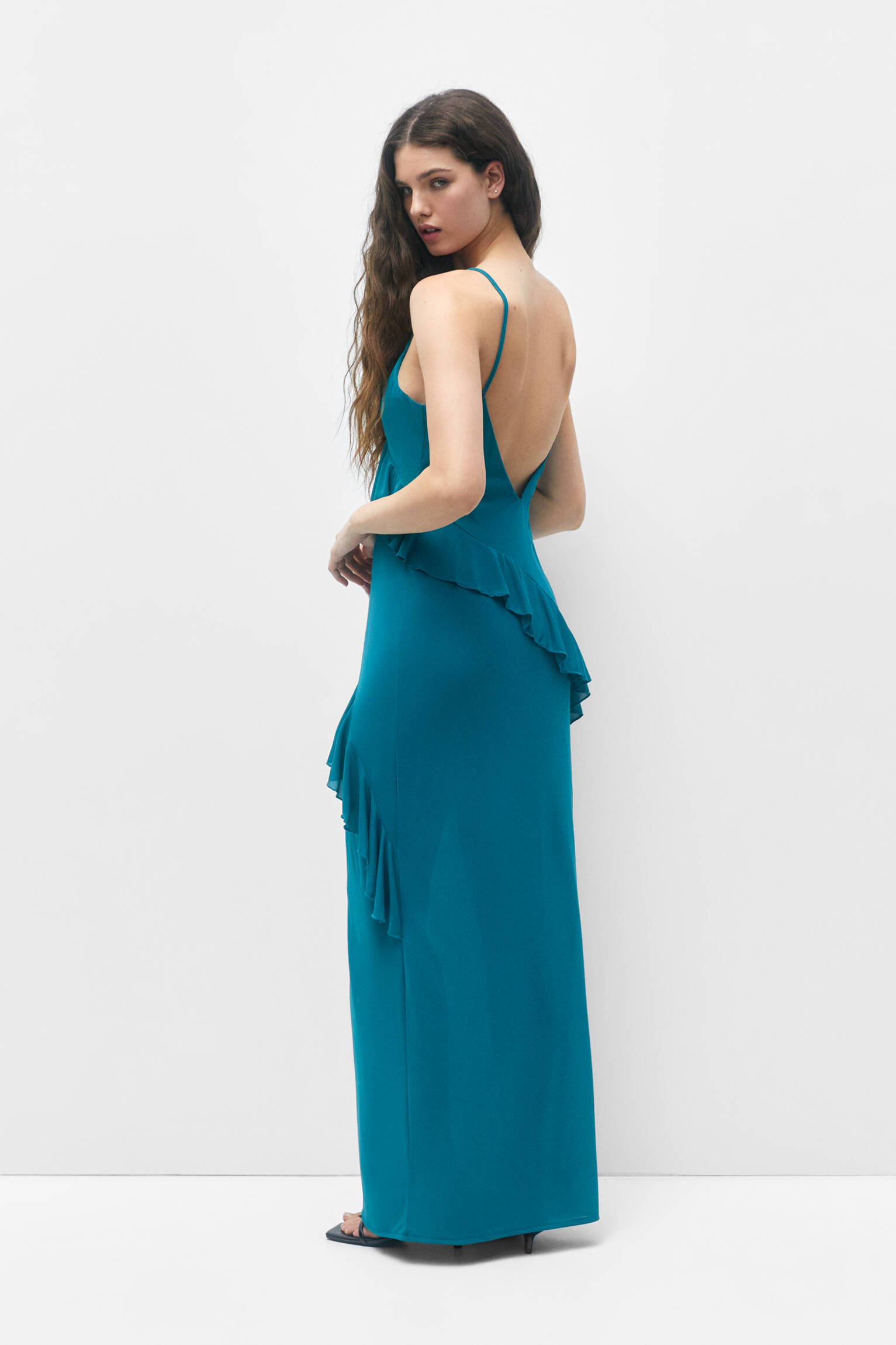 VESTIDO LONGO DE FESTA COM BABADO - VERDE-PATO