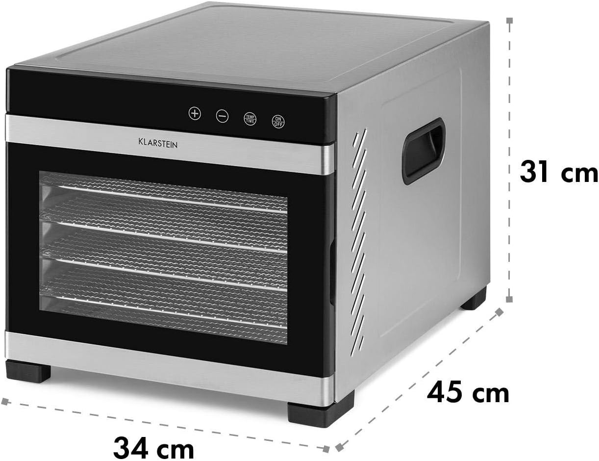 Klarstein Flavour Dry Dörrautomat Mit Edelstahl-Gehäuse, 6 Ablagegitter, LCD-Touch-Display, Timer, 360° Airflow Circulation, Digitaler Thermostat, 35-75 C°