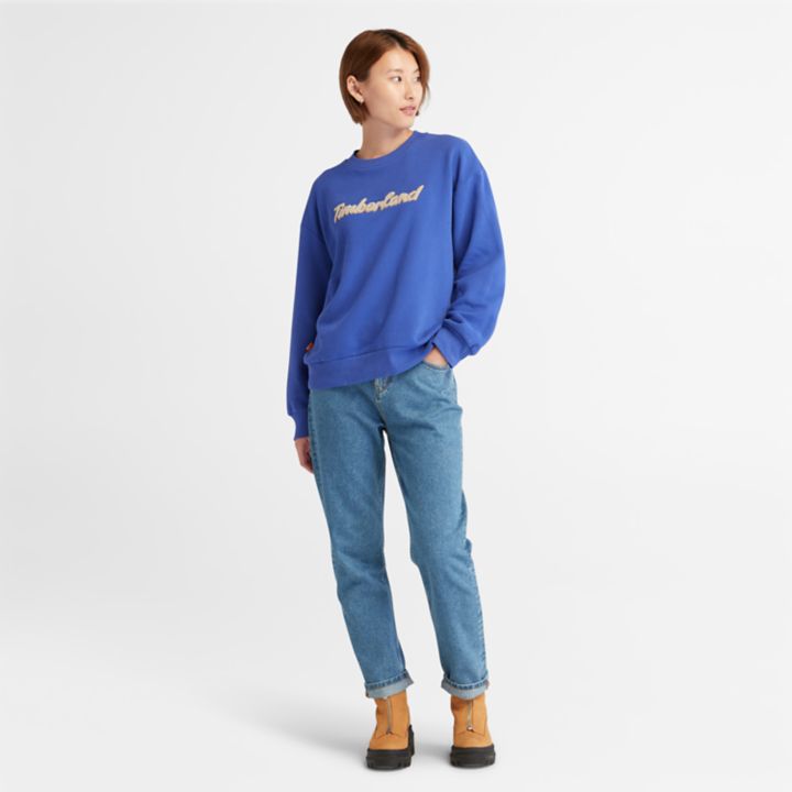 Moletom feminino com gola redonda e logo na cor azul.
