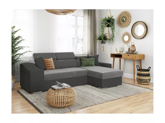 Canapé d'angle Elona convertible bi-matière Gris avec poufs de rangement à gauche - L264 x P162 x H75cm - Loungitude