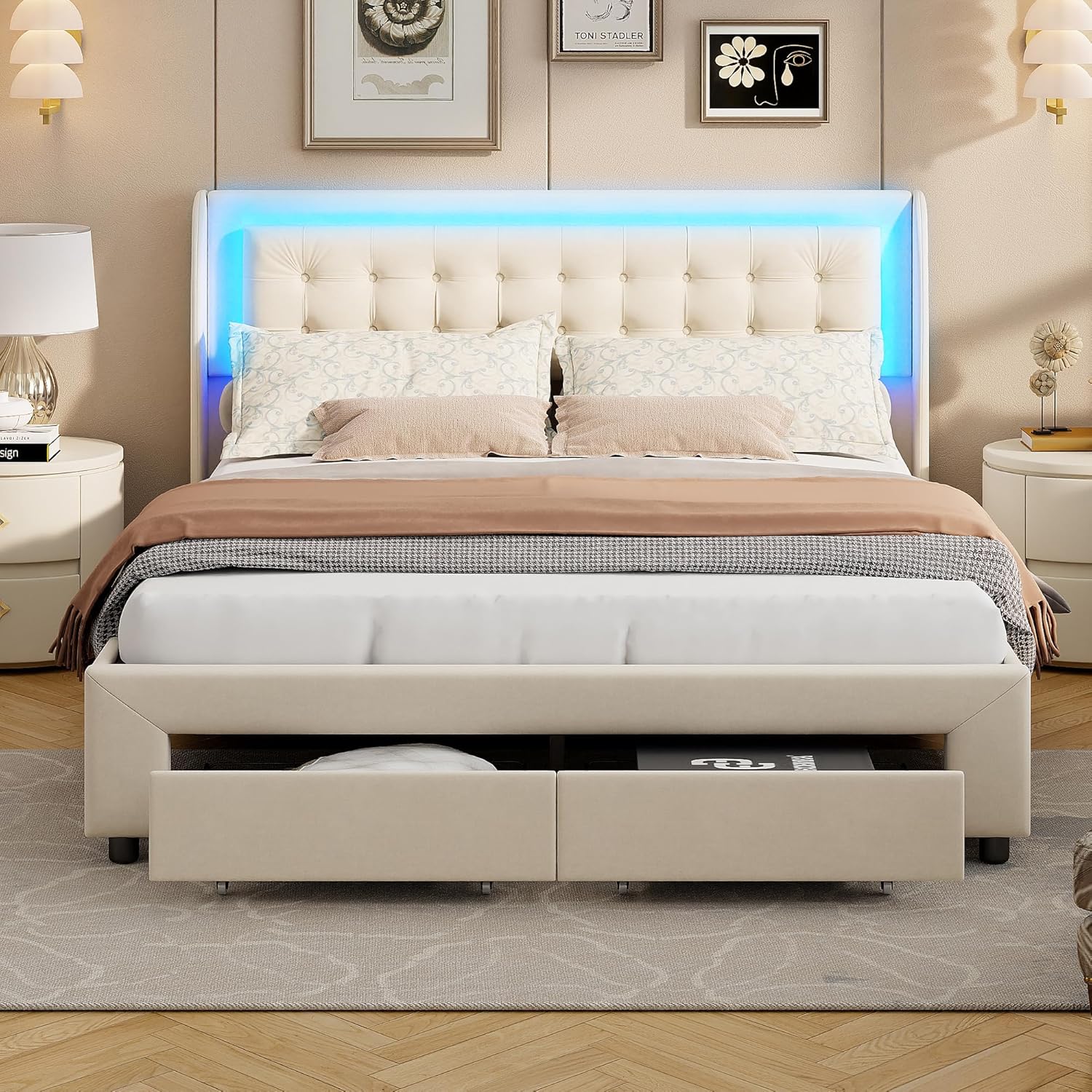 Bett 180x200 cm mit Stauraum und LED-Beleuchtung, Doppelbett mit Schublade, Hydraulisches Stauraumbett, Polsterbett, Lattenrost, Jugendbett, Beige Samt
